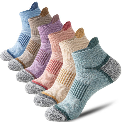 Lot de 6 paires de chaussettes de randonnée en laine mérinos pour hommes et femmes, chaussettes de course et de travail à cheville rembourrée avec soutien de compression, design invisible, respirant et absorbant l'humidité – Excellente idée cadeau