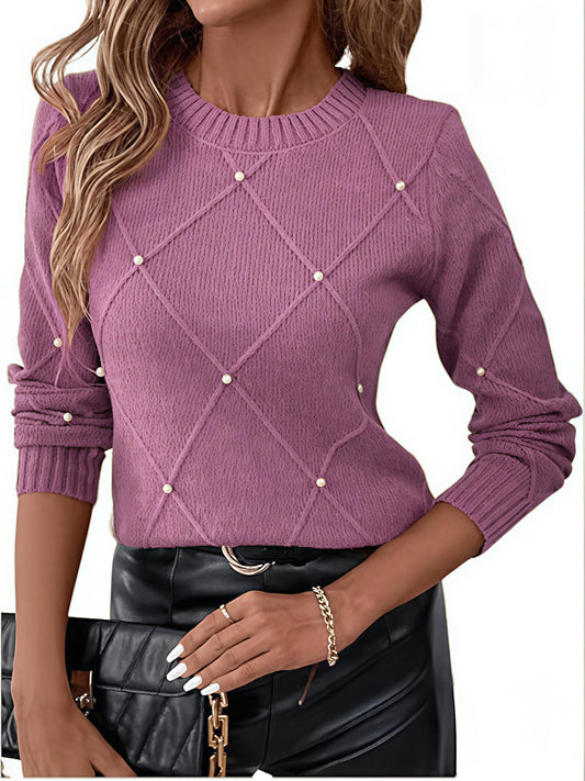 Pull-over à manches longues pour femme avec détails en perles, coupe ample et col rond - Style élégant et décontracté pour le quotidien, le bureau, les soirées | Disponible en plusieurs couleurs, du S au XL