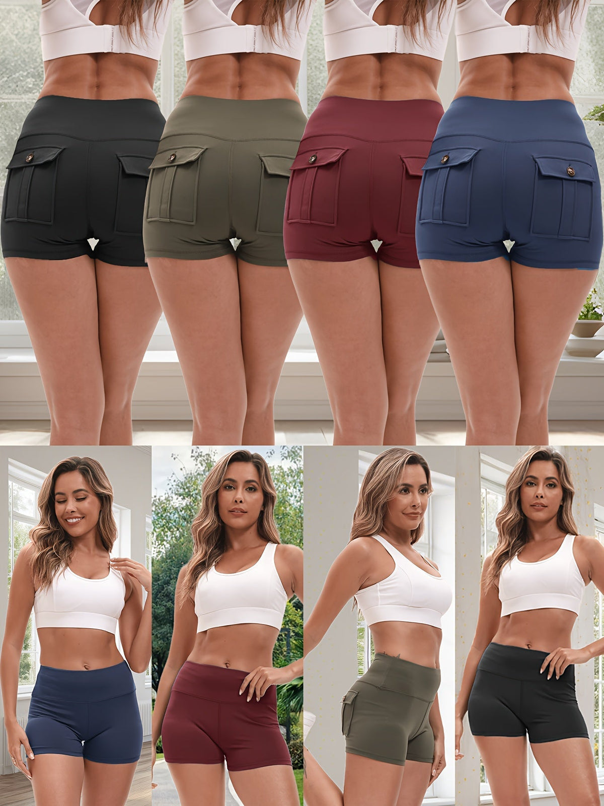 Ensemble de 4 shorts de yoga ultra-extensibles pour femmes – Shorts de fitness galbants à séchage rapide avec taille élastique et 2 poches, short de sport uni pour la gym, la course et le Pilates, S-XXL