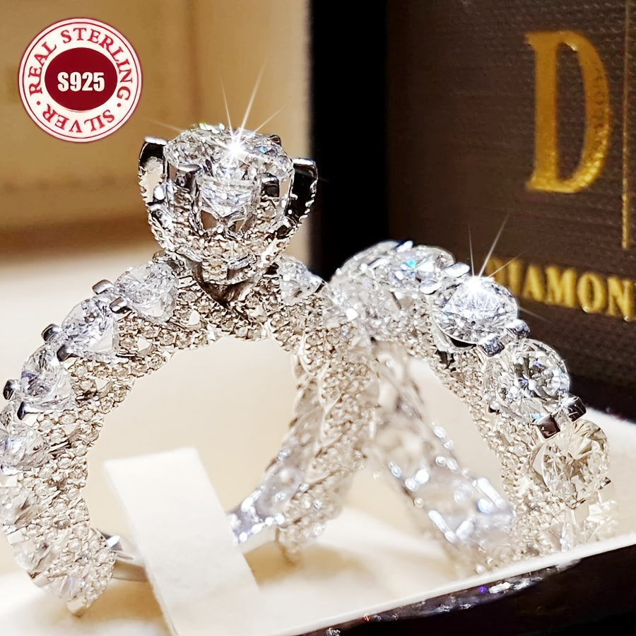 Ensemble de bagues en argent sterling 925 pour femme, 2 pièces, avec zircone 5A, bagues de fiançailles empilables, style bohème luxueux - Cadeau idéal pour petite amie, épouse, anniversaire, Noël, mariage ou fête