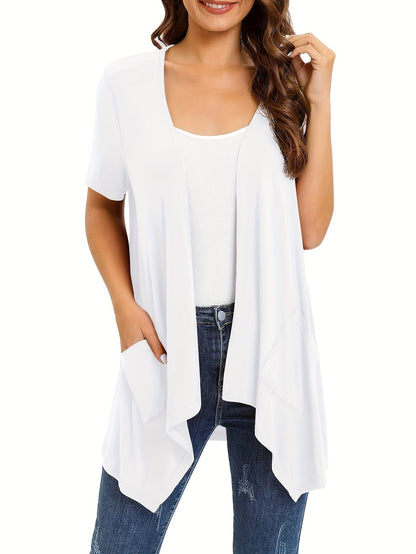Women's Dual Pockets Open Front Coat Short Sleeve Halter Neck Asymmetrical Hem Knit Cardigan - Casual Lightweight Outerwear for Spring Summer Beach Vacation