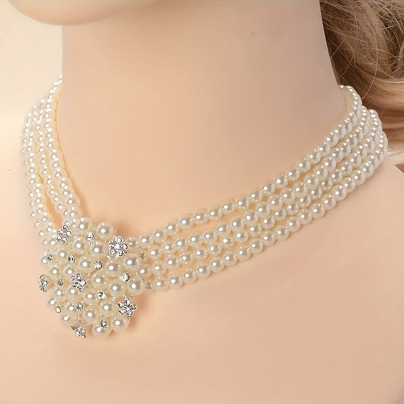 Parure de luxe collier et boucles d'oreilles pour femme – Bijoux plaqués argent perlés pour mariage, soirée et spectacle, accessoires de robe élégants