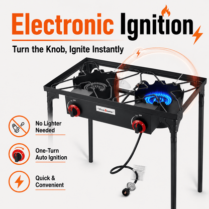 Réchaud de camping portable au propane DR.CAMP – Brûleur en fonte ultra-résistant avec pieds amovibles, options à un ou deux brûleurs, réchaud à gaz haute pression pour le camping, le barbecue, la survie et la cuisine en extérieur