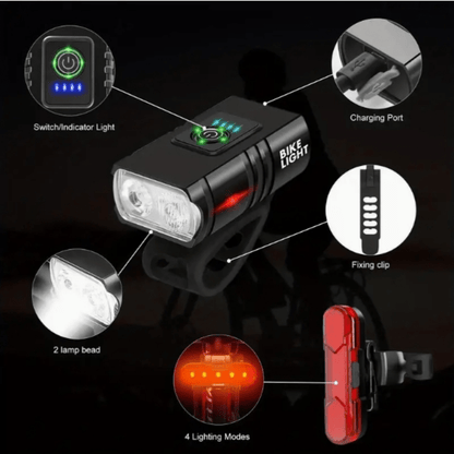 Ensemble d'éclairage de vélo ultra-lumineux rechargeable USB Type-C – Phare avant en alliage d'aluminium 6 modes & feu arrière 4 modes, éclairage LED pour vélo à charge rapide pour la conduite de nuit, le camping et la sécurité