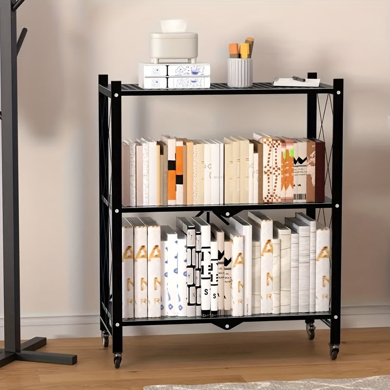 Étagère de rangement pliable en métal robuste à 3 niveaux avec roulettes, capacité de 340 kg – Unité de rayonnage roulante et mobile pour garage, cuisine, entrepôt et organisation de la maison, noir