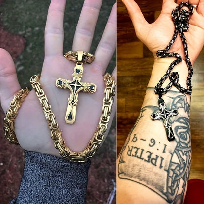 Ensemble de colliers croix en acier inoxydable pour homme, 2 pièces, chaîne cubaine avec pendentif croix, bijoux rétro hip-hop pour homme - Collier imposant, cadeau pour lui, anniversaire, Noël