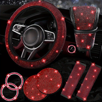 Ensemble d'accessoires de voiture 8 pièces en strass pour femme – Housse de volant, sous-verres, coussinets de ceinture de sécurité, anneaux de démarrage et housse de pommeau de levier de vitesse, 7 couleurs, kit intérieur à paillettes scintillantes