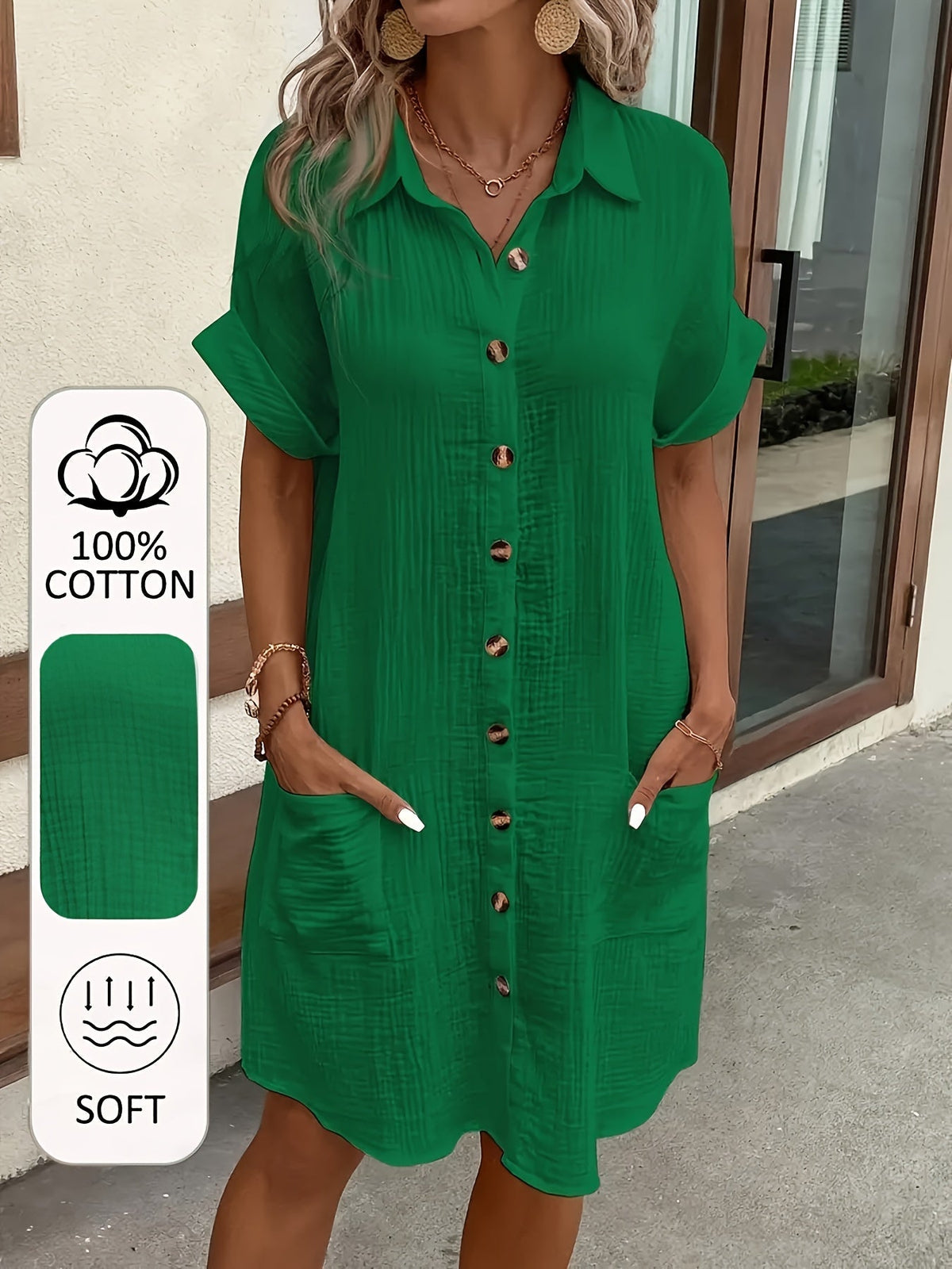 Robe chemise trapèze à manches courtes et col en V pour femme – Robe chemisier décontractée à semi-formelle, douce, respirante et boutonnée à l'avant, 5 coloris, tailles inclusives du S au XXL