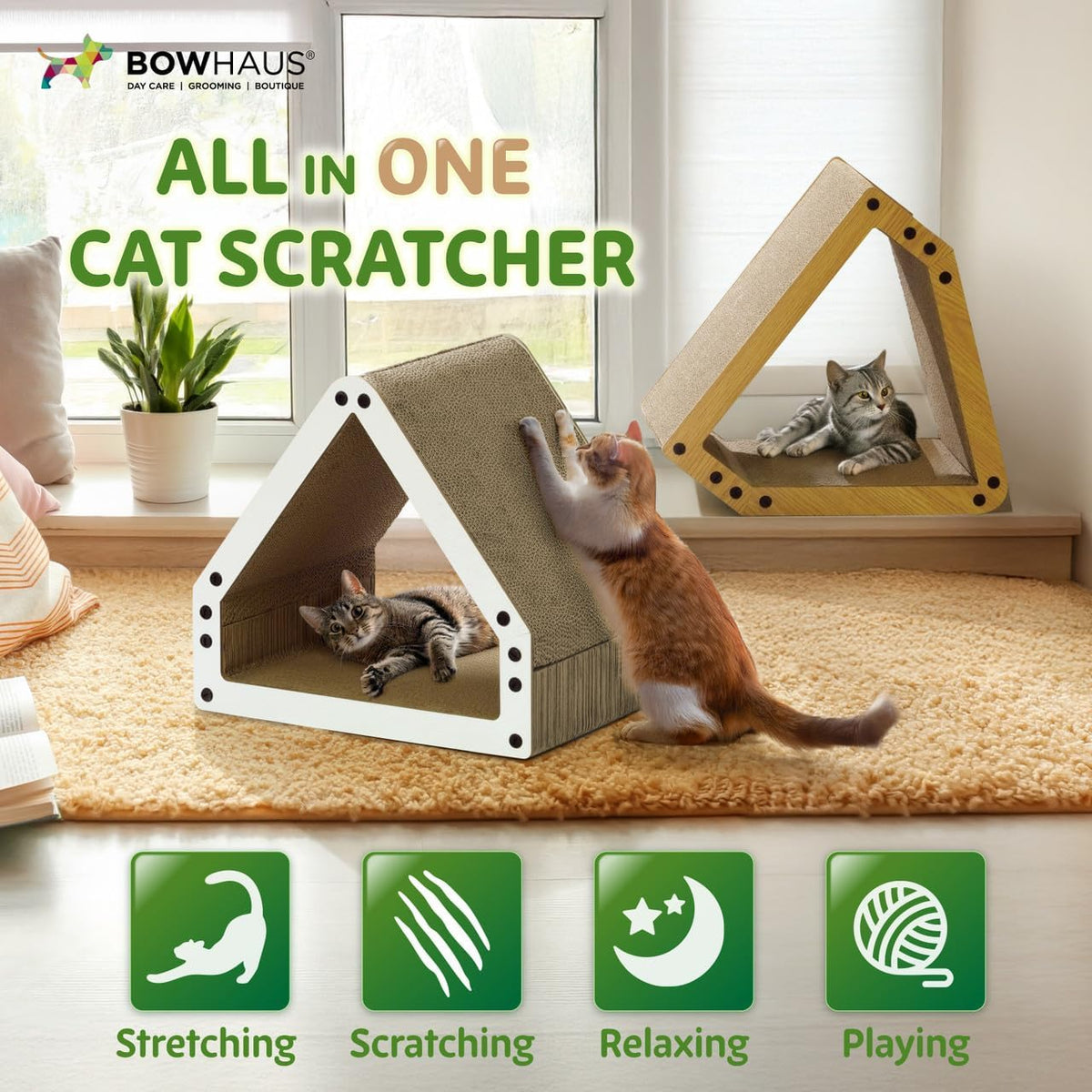 Griffoir et transat pour chat en forme de grande maison – Griffoir réversible en carton à 5 couches, 40,6 x 35,6 x 30,5 cm, protège les meubles, pour chats d'intérieur de toutes tailles, marron/blanc