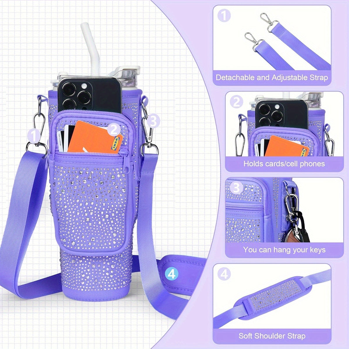 Sac porte-gobelet en néoprène avec poche pour téléphone et bandoulière réglable – Compatible avec les gobelets de 30 et 40 oz, porte-bouteille à clip pour la randonnée, le camping et les sports de plein air, 4 couleurs