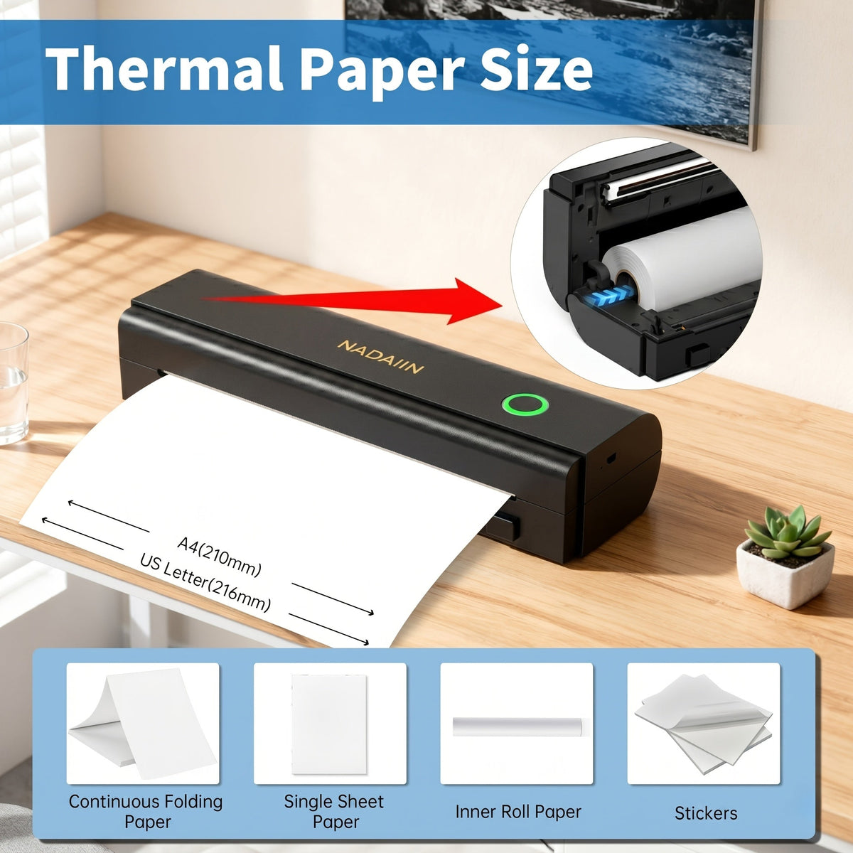 Imprimante thermique portable sans encre A4 avec bac à papier, imprimante mobile sans fil prenant en charge le format lettre 8,5x11 et A4, compatible avec iPhone, Android, ordinateur portable, maison, bureau, école, voyage