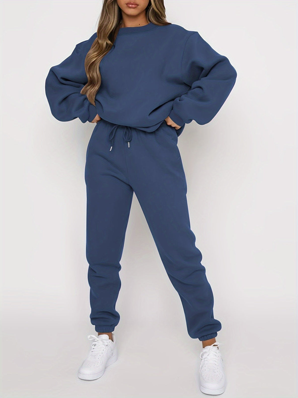 Ensemble deux pièces pour femme : sweat-shirt à col rond et pantalon de jogging décontracté avec taille élastique à cordon de serrage, beige, gris, noir, bleu marine, café, S-XXL