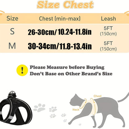 Harnais et laisse anti-fugue pour chatons - Harnais gilet en maille souple réfléchissante pour des promenades en extérieur en toute sécurité, veste de marche réglable et respirante pour chat, noir et rose, taille S