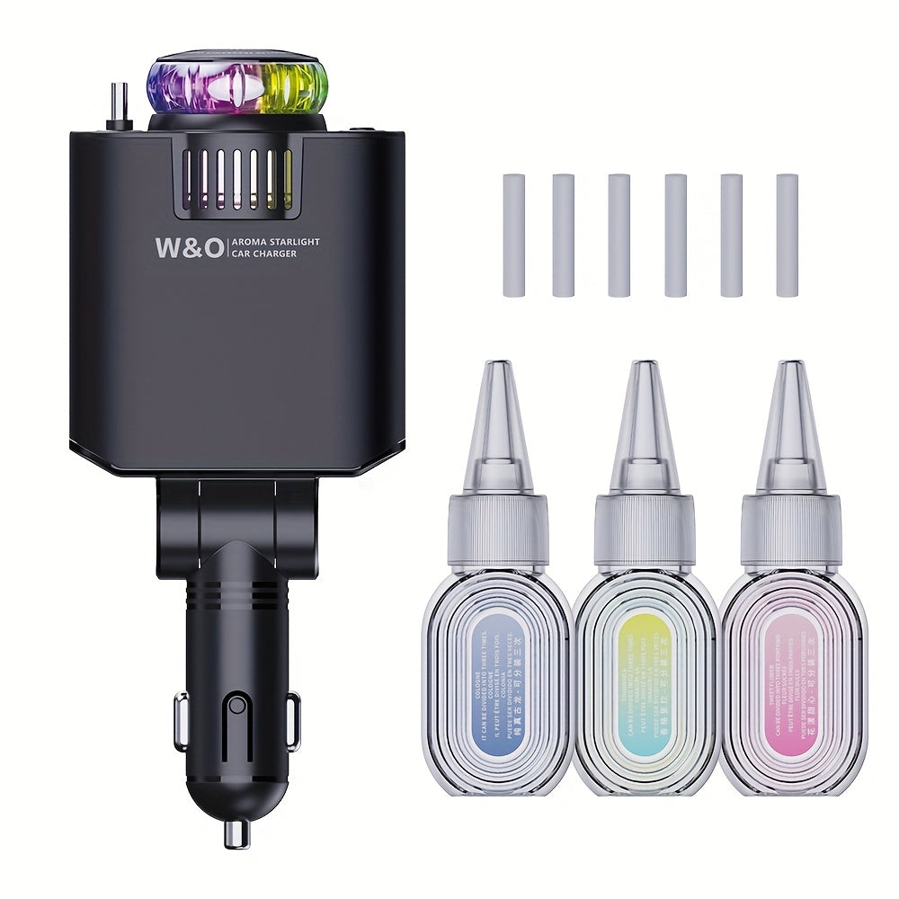 3-in-1 Car Charger Air Freshener & Starry Sky Ceiling Light – Dual Retractable Type-C & Lightning Cable 80cm, Aromatherapy Diffuser for iPhone 16/15 Samsung S25/S24, Car Interior Upgrade Gift
