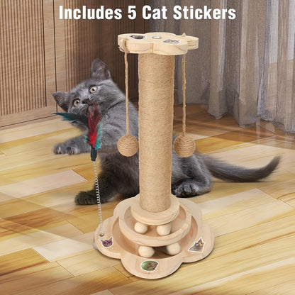 Arbre à chat en bois 5-en-1 avec griffoir pour chats d'intérieur, poteau en sisal, circuit à balles sur 2 niveaux, jouet interactif à plumes et balles suspendues, mobilier pour chatons et chats adultes