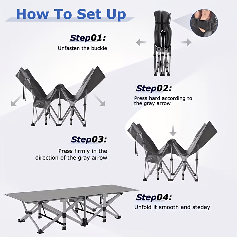 Lit de camping pliant avec matelas et poches latérales – Lit de camp portable robuste pour adultes, lit d'appoint pliable pour le camping, l'extérieur, la terrasse, le bureau ou la chambre d'amis