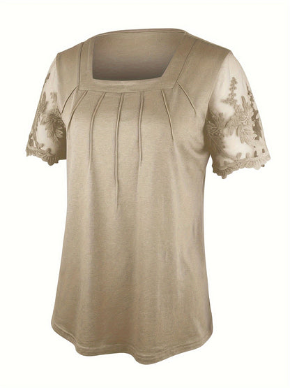 Haut à col carré et manches courtes pour femme – Tunique en dentelle brodée à motif maillé de couleur unie, chemisier élégant et décontracté pour l'été, tailles S-XXL, kaki