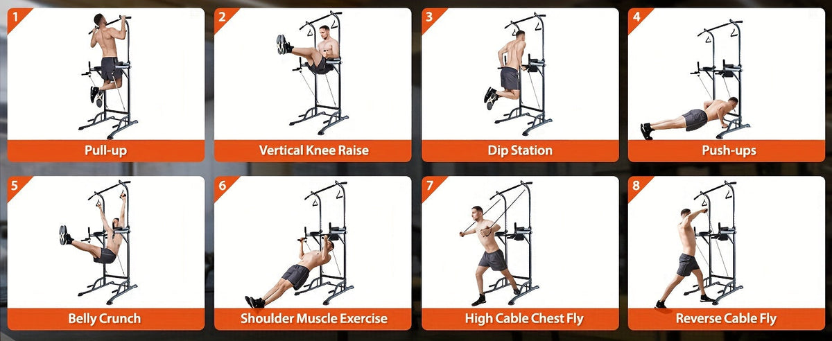 Station de musculation Power Tower avec barre de traction et poste à dips – Hauteur réglable 127-230 cm, capacité 150 kg, équipement de musculation multifonction pour hommes et femmes, bandes élastiques incluses