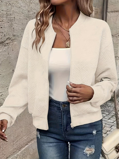 Veste zippée style baseball pour femme - Vêtement d'extérieur décontracté de couleur unie | Manteau sportif doublé en polyester avec bords-côtes, nouveauté mode automne-printemps