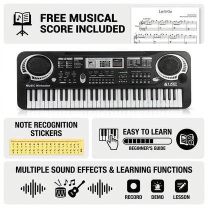 Clavier électronique 61 touches pour débutants - microphone intégré, partitions imprimées et alimentation USB, kit de démarrage complet pour enfants et adultes, cadeau d'anniversaire idéal pour les mélomanes