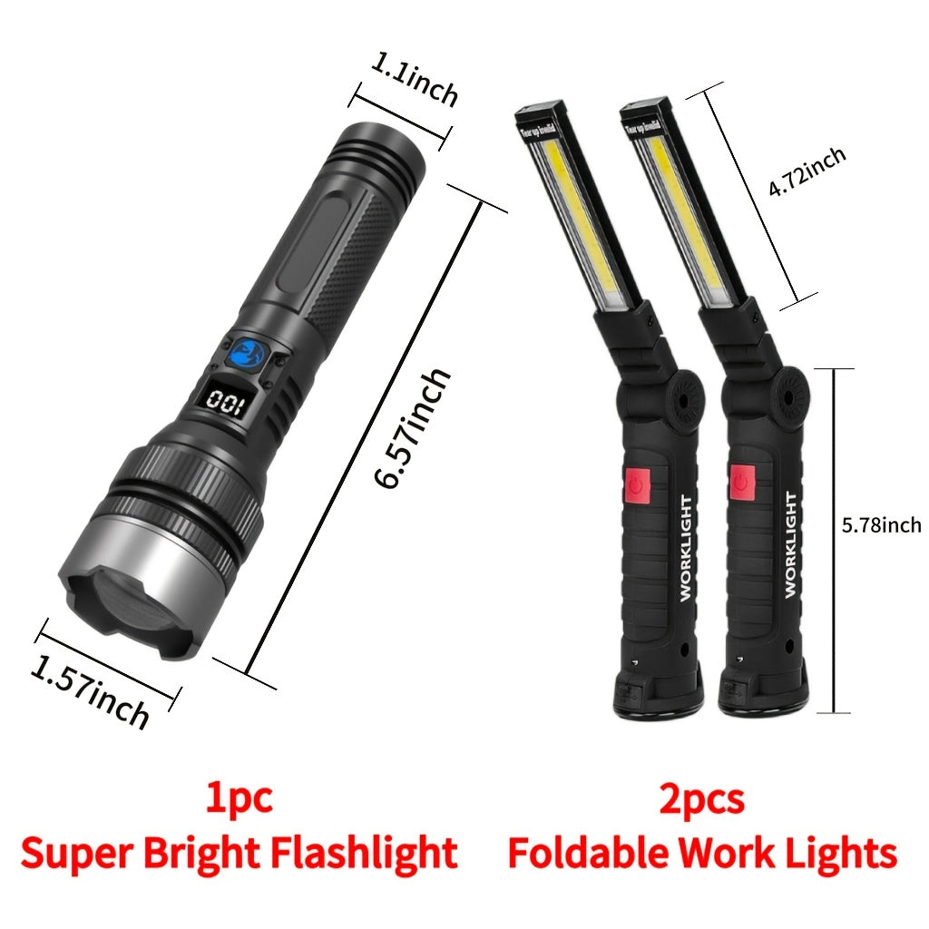 Lampe de travail LED COB rechargeable avec base magnétique – Lampe de poche portable de camping 1000 lumens, 5 modes, USB-C, lampe suspendue pour garage, jardin, urgence et extérieur, lot de 2/3/4