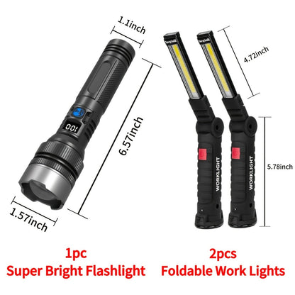 Lampe de travail LED COB rechargeable avec base magnétique – Lampe de poche portable de camping 1000 lumens, 5 modes, USB-C, lampe suspendue pour garage, jardin, urgence et extérieur, lot de 2/3/4