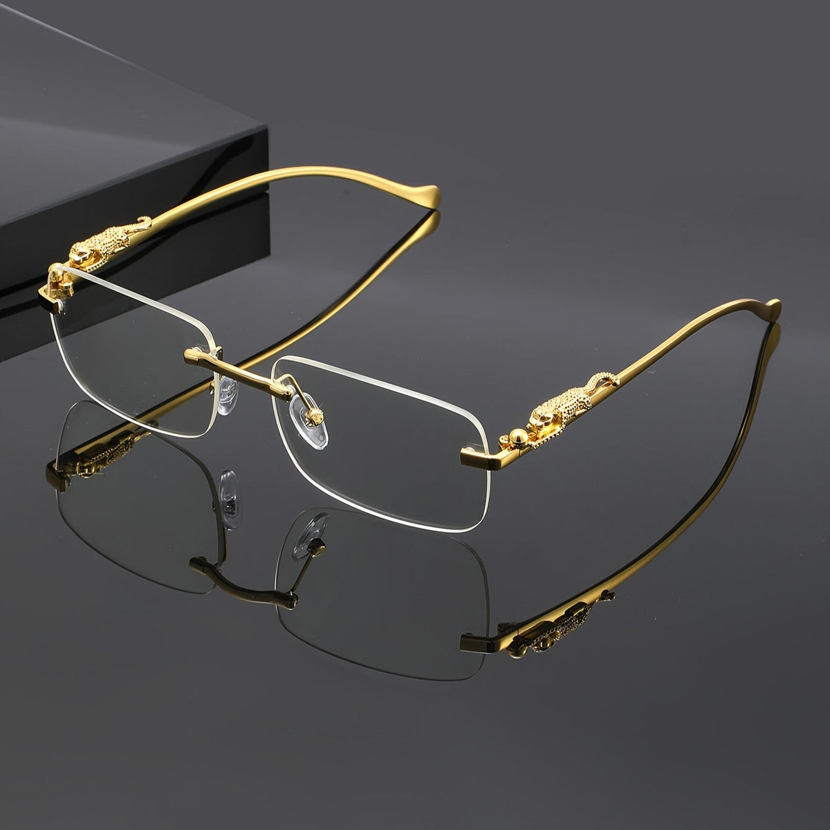 Lunettes de soleil carrées sans monture à motif léopard pour hommes et femmes – Monture dorée avec étui et chiffon de nettoyage, verres champagne blanc gris, lunettes unisexe tendance pour tenues décontractées, fêtes et accessoires photo