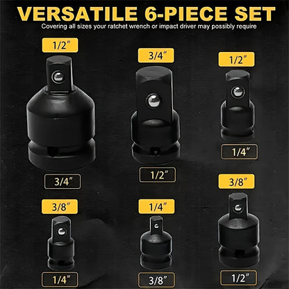Jeu de 6 adaptateurs et réducteurs à choc 1/4" à 3/4" – Kit de conversion d'entraînement carré femelle-mâle pour clé pneumatique en acier chrome-molybdène avec verrouillage à bille et revêtement protecteur pour réparation automobile