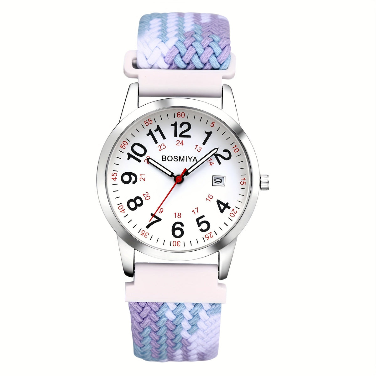 Montre de sport à quartz analogique avec grand cadran à calendrier et bracelet en nylon tressé – Montre-bracelet ronde à lecture facile avec cadran 24 heures pour hommes et femmes, bracelet élastique réglable et souple, 4 styles