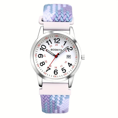 Montre de sport à quartz analogique avec grand cadran à calendrier et bracelet en nylon tressé – Montre-bracelet ronde à lecture facile avec cadran 24 heures pour hommes et femmes, bracelet élastique réglable et souple, 4 styles