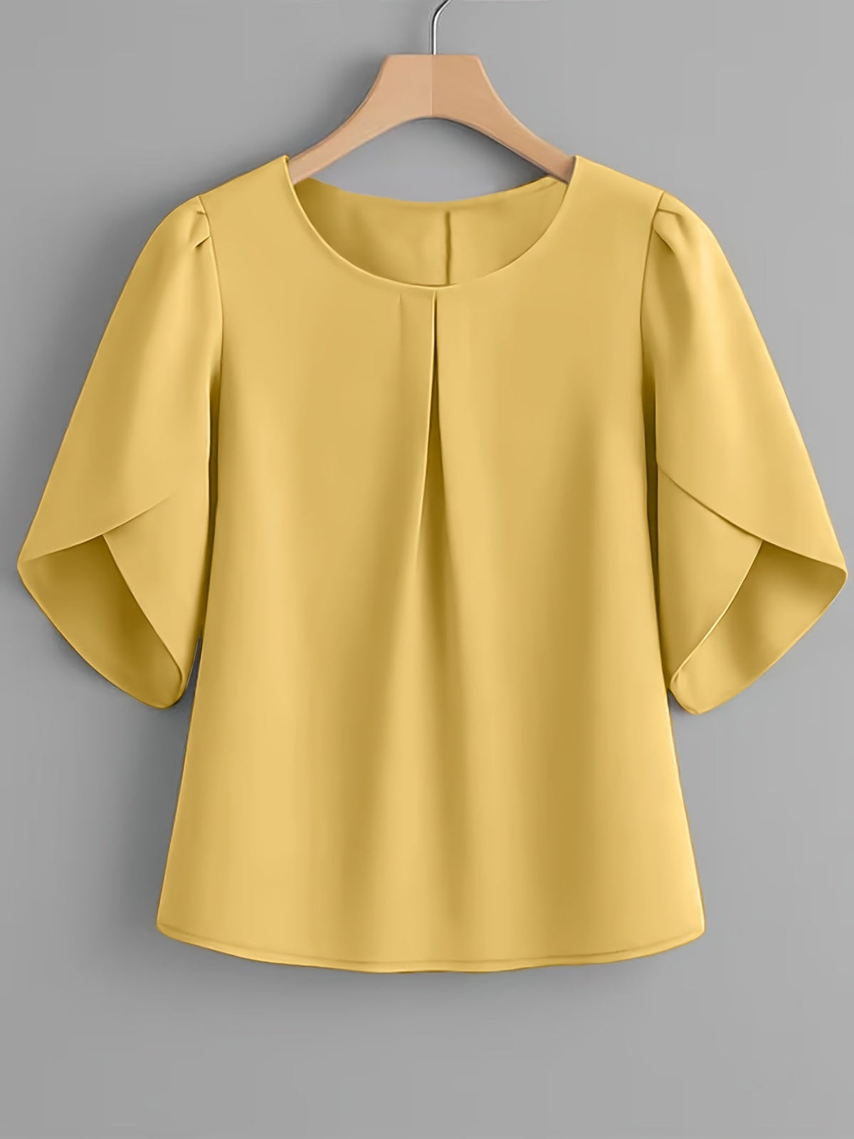 Chemisier femme à manches courtes, col rond, poignets à volants et plis sur la poitrine – Haut élégant en tissu 100 % polyester, semi-transparent, avec manches fendues