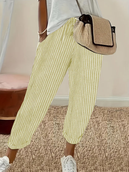 Women's Striped Casual Loose-Fit Ankle Pants - Relaxed Vacation Style Trousers with Pockets, Lightweight Polyester Fabric, Perfect for Summer Travel, Beach Outings & Everyday Wear | S-XXL