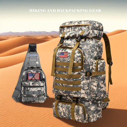 Ensemble tactique 2 pièces : Sac à dos et sac de poitrine - Sac d'assaut 80 L pour 3 jours pour homme, sac à dos militaire en polyester avec système MOLLE pour la randonnée, le camping, la chasse, les voyages et les sports de plein air