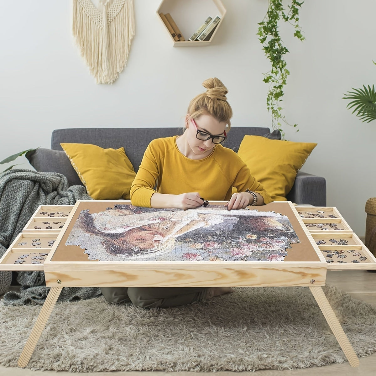 Table de puzzle en bois avec pieds pliants - 4 tiroirs et 16 compartiments de tri, plateau de puzzle portable pour puzzles de 1000 pièces, rangement en bois naturel pour adultes et enfants, maison et école