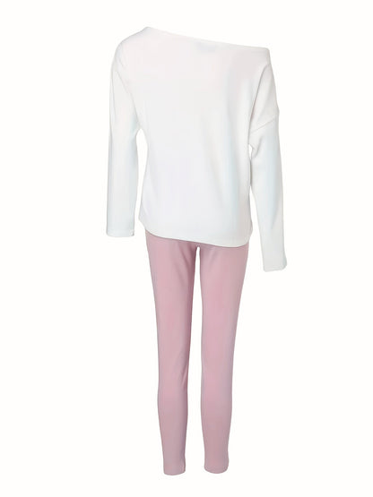 Women's Casual Letter Print Long Sleeve T-Shirt Wide Leg Pants 2 Piece Set Matching Lounge Outfit White Pink Black S-XXL
