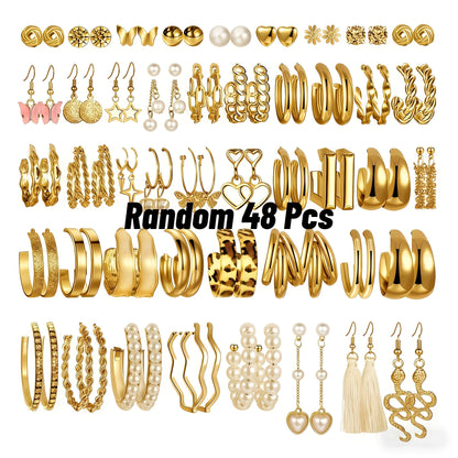 Lot de 48 paires de boucles d'oreilles bohèmes dorées pour femmes – Assortiment de clous, créoles et pendantes minimalistes vintage – Idéal pour le quotidien, les fêtes, les vacances et les cadeaux