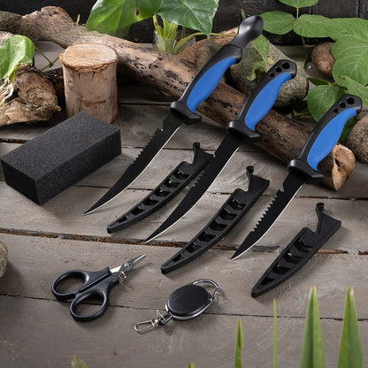 Ensemble de 3 couteaux de pêche avec lames en acier inoxydable, couteaux à fileter, désosser et vider avec gants résistants aux coupures, coupe-fil de pêche et cordon – Cadeau de pêche unique pour pêcheurs et campeurs