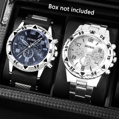 Coffret de 2 montres à quartz pour homme – Boîtier en acier inoxydable et bracelet en silicone, cadran rond classique, style décontracté et professionnel, coffret cadeau de montres sportives pour hommes, ensembles A B C D disponibles