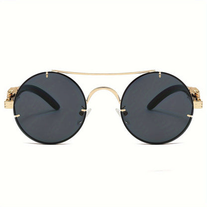 Lunettes de soleil rondes à monture en métal avec verres dégradés pour hommes et femmes – Luxe, double pont, détails léopard sur les charnières, verres en polycarbonate dégradés, étui inclus, style chic pour les vacances et la ville