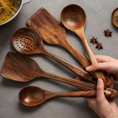 Ensemble d'ustensiles de cuisine en bois 3/5/7 pièces, cuillères, spatules, spurtle, louche et spatule à wok en bois naturel avec poignées ergonomiques, outils de cuisine robustes, résistants à la chaleur et sans danger pour les revêtements antiadhésifs
