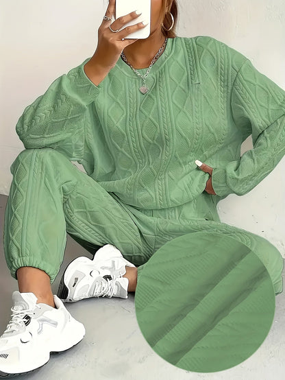 Ensemble survêtement 2 pièces pour femme – Haut à manches longues et col rond en jacquard texturé et pantalon de jogging, tenue de détente décontractée et respirante pour le printemps et l'été S-XXL