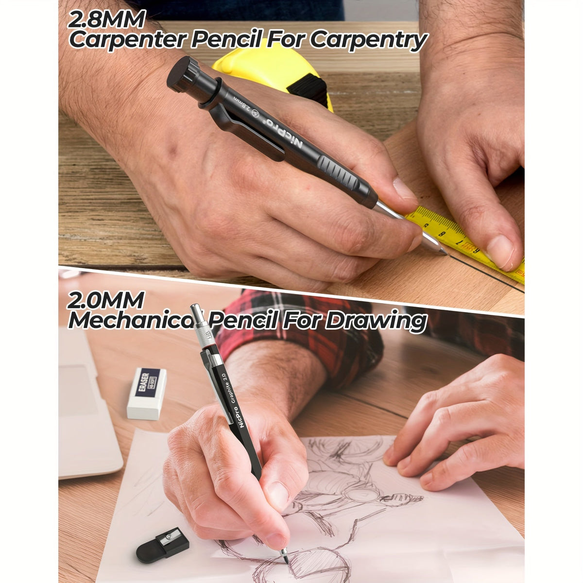 Ensemble de crayons de charpentier avec taille-crayon – Porte-mines avec recharges, pointeau automatique et pointe à tracer au carbure dans un étui robuste, kit de marquage professionnel de 15/16/17/18/27 pièces pour le travail du bois