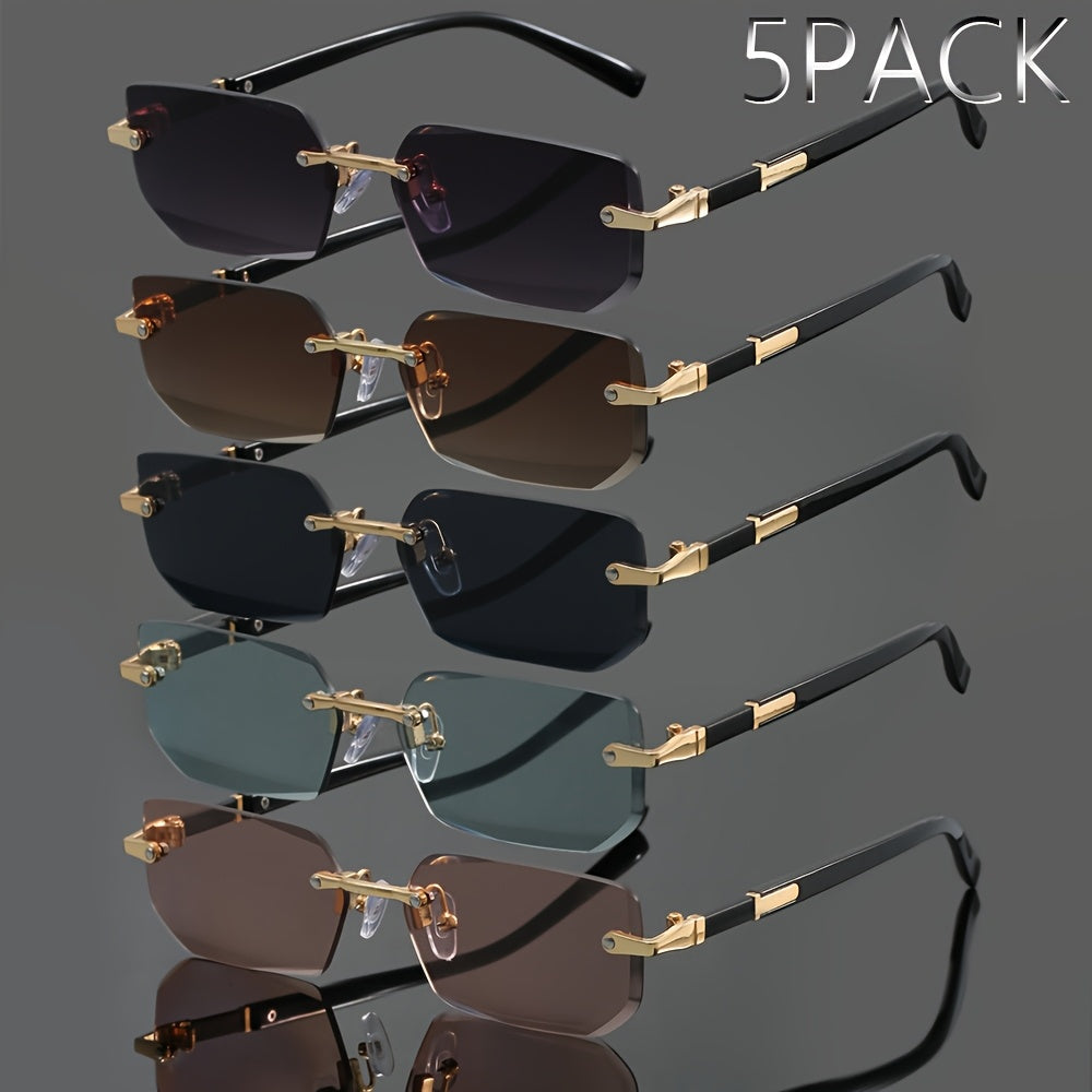 Lot de 5 paires de lunettes de soleil en métal sans monture pour hommes et femmes – Lunettes légères et tendance, styles assortis, protection UV pour fêtes estivales, style urbain et cadeaux de vacances