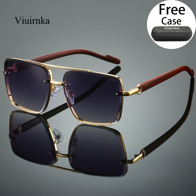 Lunettes de mode carrées avec branches effet bois pour hommes et femmes – Lunettes de soleil unisexe rétro à double pont avec verres dégradés pour la conduite, le voyage, la photographie de rue, cadeau avec étui