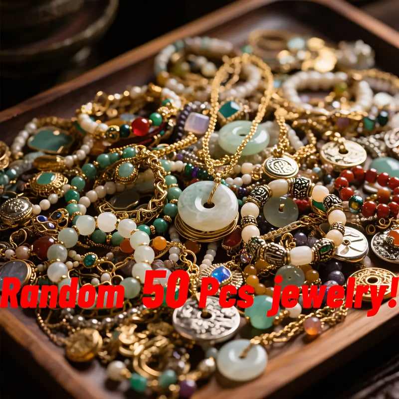 Lot de 50 bijoux vintage pour femme – imitation perle et zircon, motifs cœur, papillon, étoile et lune, boucles d'oreilles, collier, bracelet et bague, idéal pour les fêtes, les vacances et les cadeaux