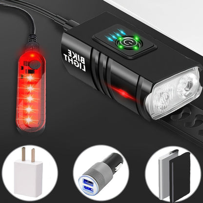 Ensemble d'éclairage de vélo rechargeable par USB ultra-lumineux – Phare avant LED 1200 mAh et feu arrière 330 mAh, 6+4 modes, faisceau large 180°, sonnette de sécurité incluse, pour vélo de route, VTT et cyclisme de nuit