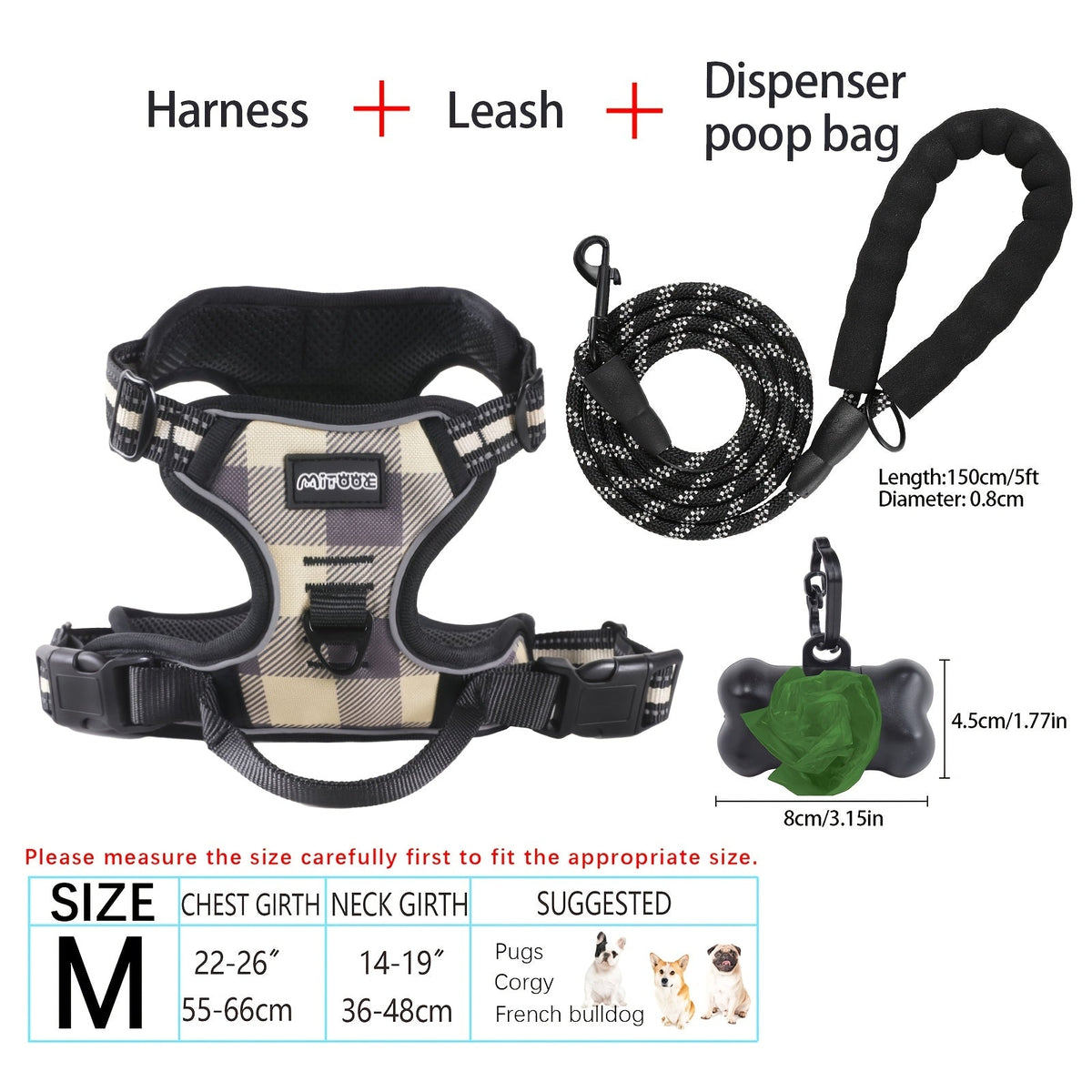Ensemble harnais et laisse pour chien 4 pièces, gilet réfléchissant en Oxford anti-traction et anti-étranglement avec laisse, distributeur de sacs à déjections et poignée de contrôle facile, pour chiens moyens et grands, dressage et promenade en extérieur