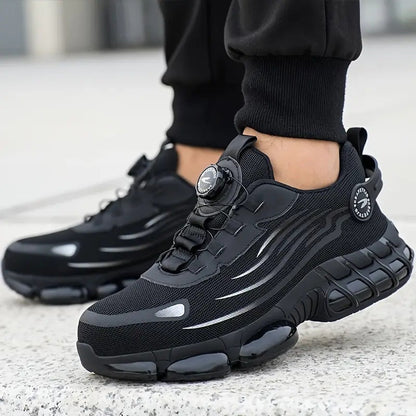 Chaussures de travail respirantes pour hommes – Chaussures de sécurité durables avec bandes réfléchissantes, semelle légère et amortissante pour l'industrie, la construction et un usage quotidien, disponibles en noir et gris, tailles US 6 à 11
