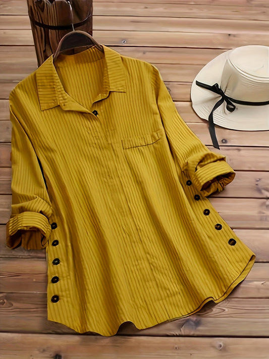 Chemise boutonnée à manches longues rayées pour femme, col à revers, fausse poche, chemisier ample décontracté, jaune, vert olive, printemps, automne, S, M, L, XL, XXL