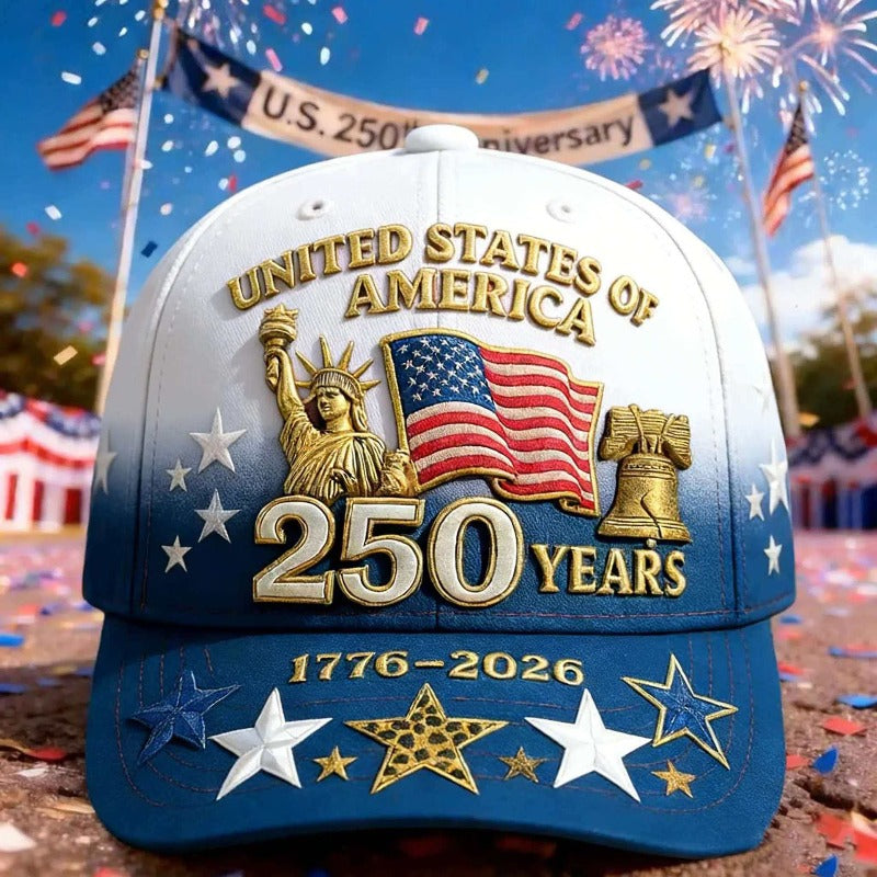 Casquette de baseball patriotique imprimée en 3D pour le 250e anniversaire des États-Unis – Motif Statue de la Liberté, cloche de la liberté et étoiles, chapeau de soleil unisexe réglable pour le 4 juillet, randonnée en plein air et cadeau commémoratif